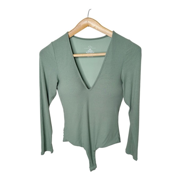 Klassy Network Deep V Long Sleeve Bramisuit Bodysuit Size 2X Sage Green Pads Inc - Picture 1 of 11